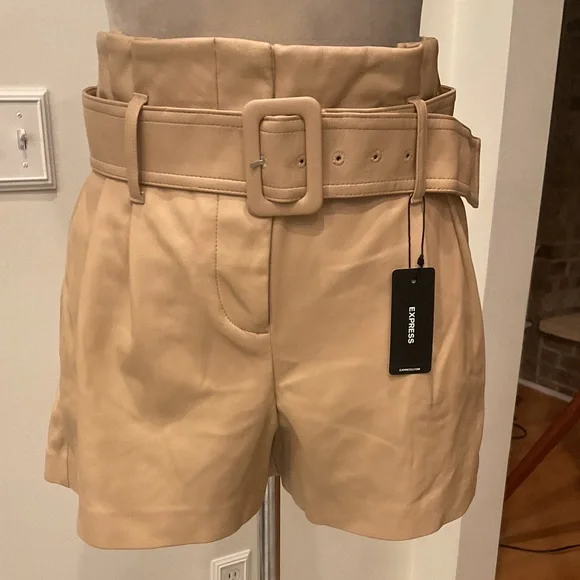 Express High Waist Tan Belted Shorts - Picture 2 of 10